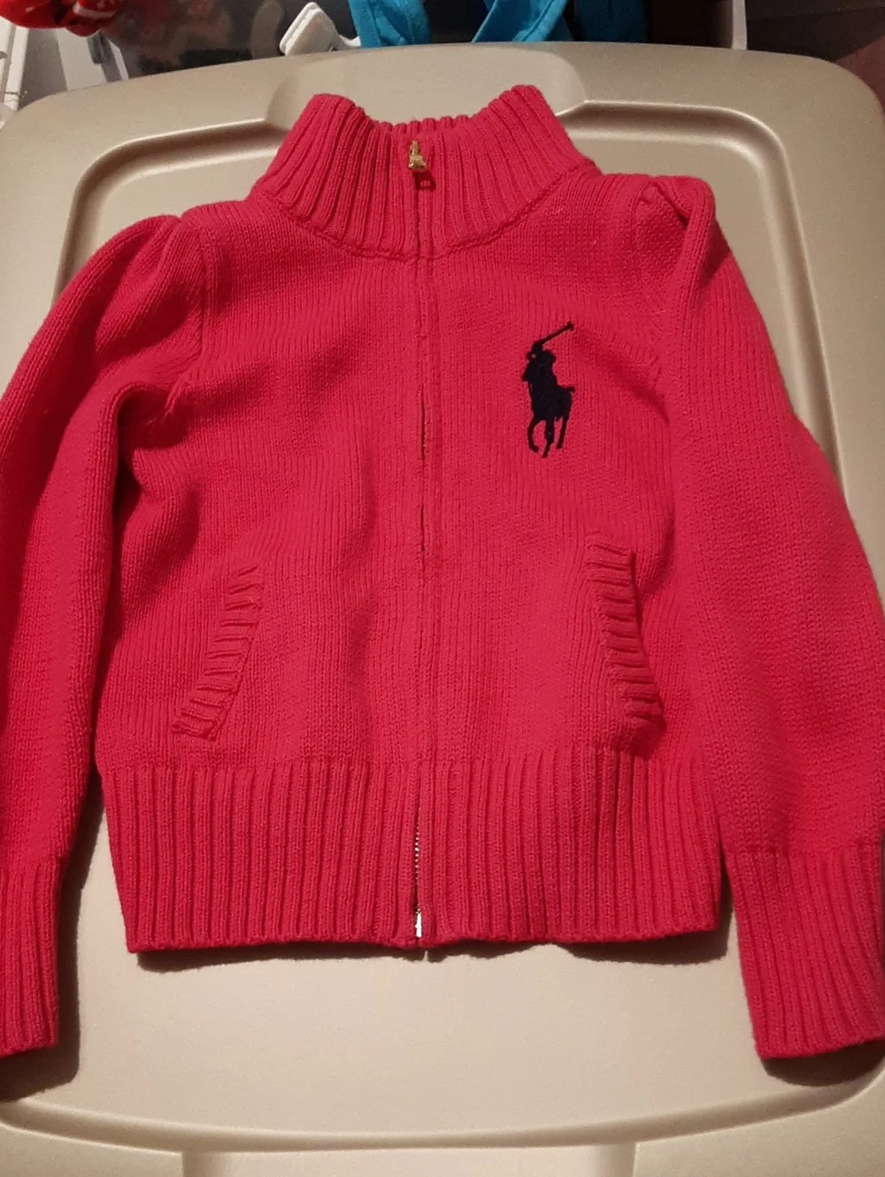 Ralph Lauren Hot Pink Full-Zip Knit Sweater With Blue Pony
